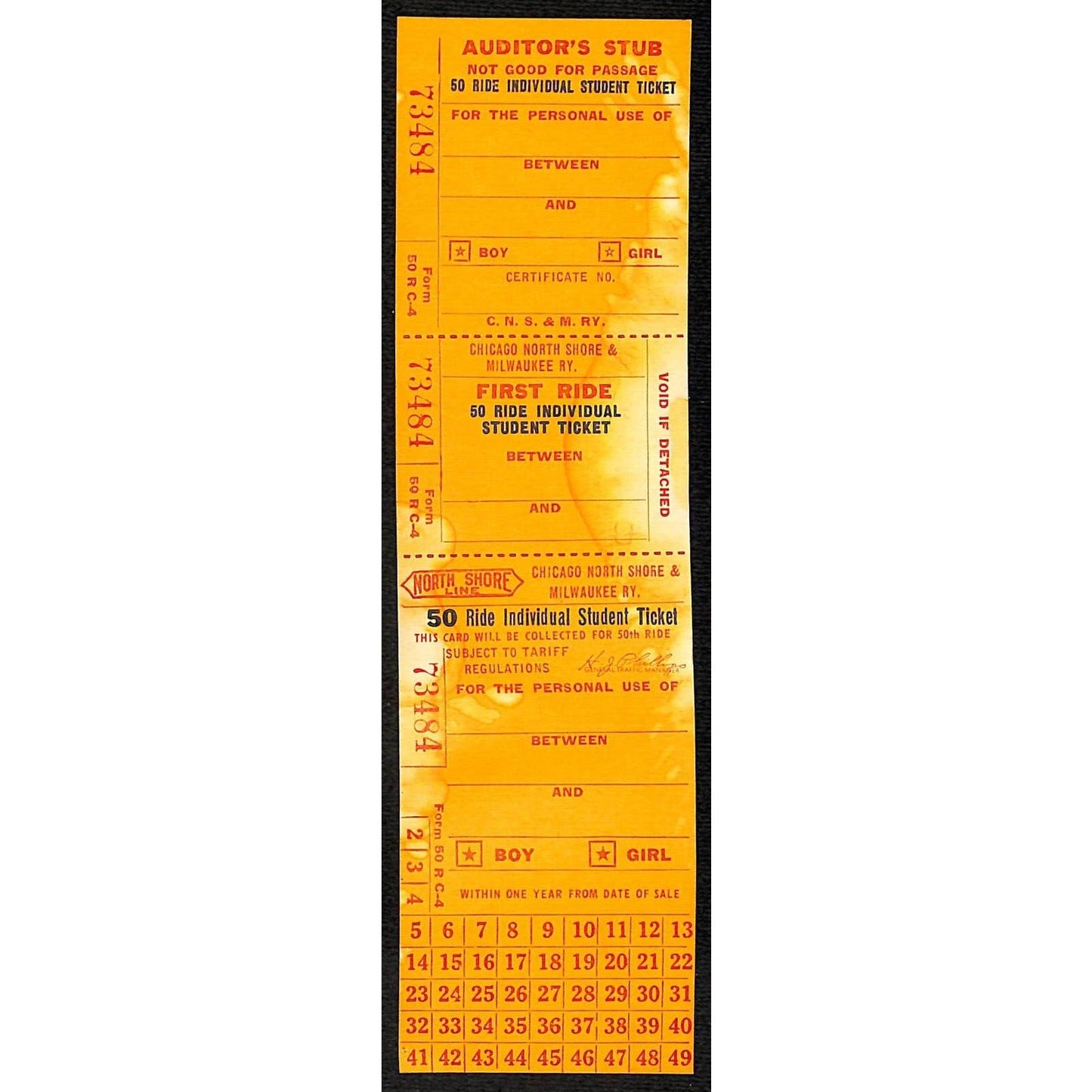 Chicago North Shore & Milwaukee RY c1940's-60's 50Ride Student Ticket #73484