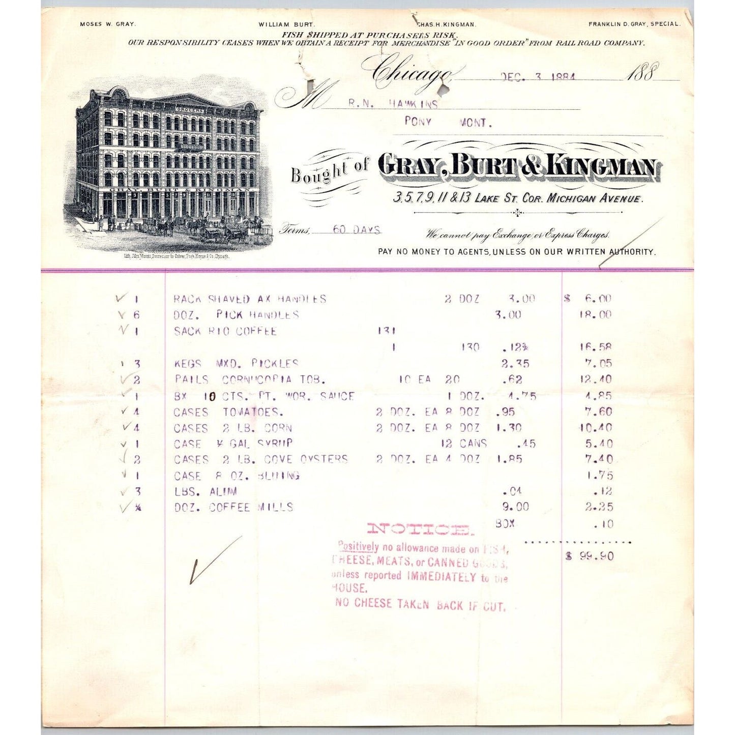Chicago Gray, Burt & Kingman Grocers 1884 Billhead Michigan Ave.