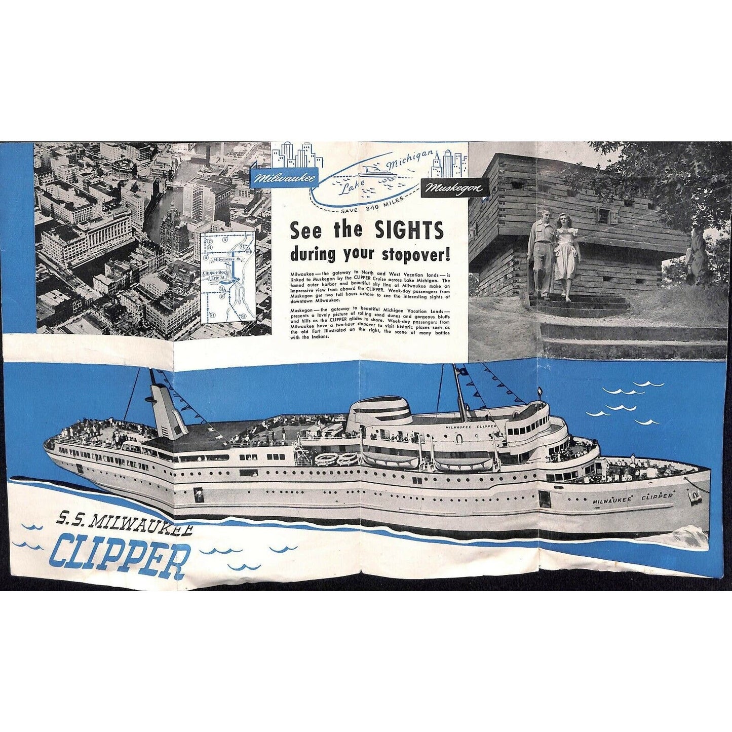 Vintage1947 S.S. Milwaukee Clipper Muskegon Folded Single Sheet Sales Brochure