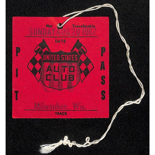 1967 USAC Pit Pass Milwaukee, Wis. Track - Scarce VGC