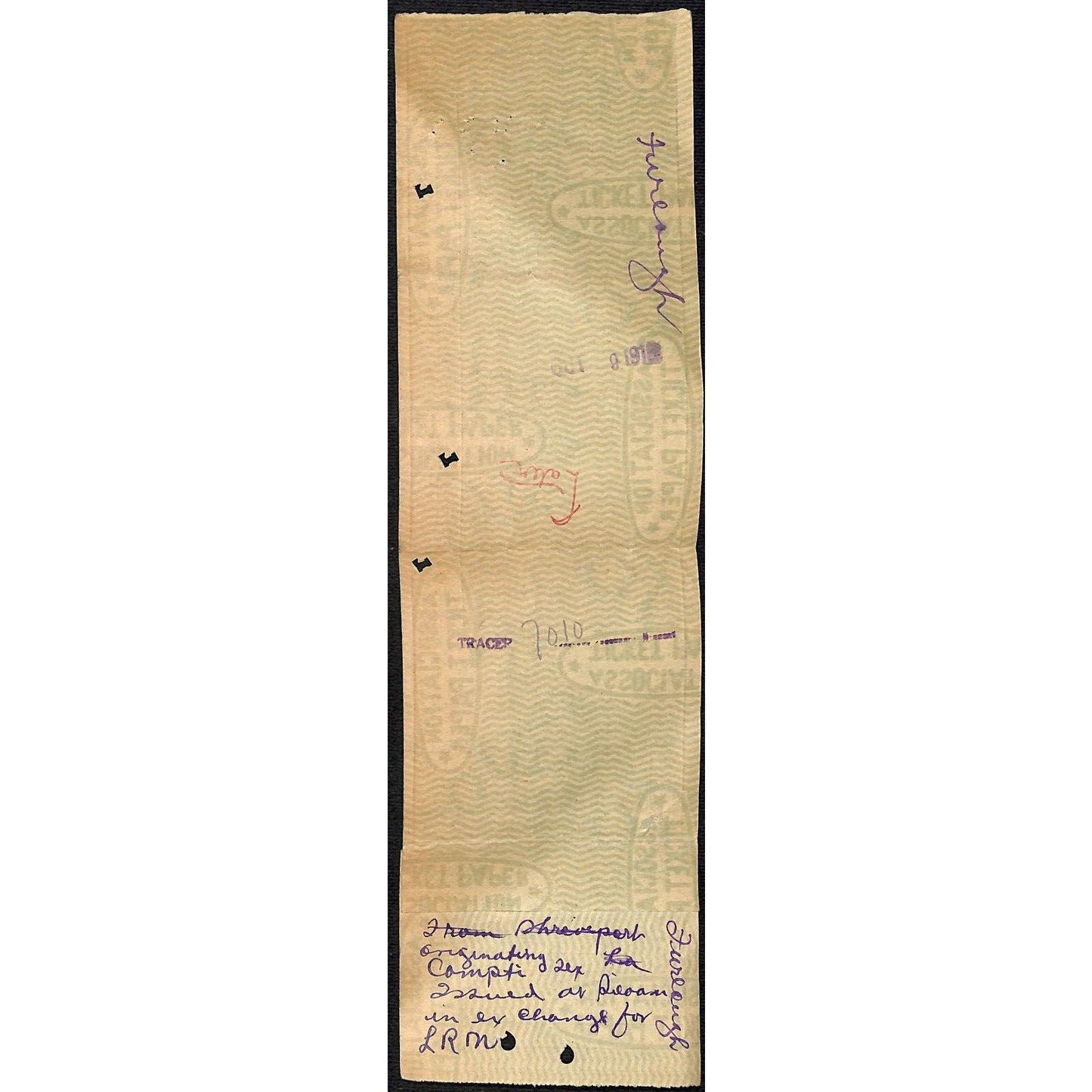 1918 Kansas City Southern Railway Port Arthur Route Ticket #3470 - 10"L