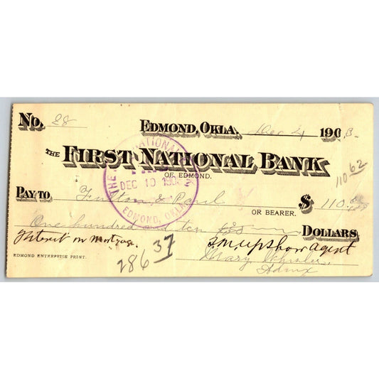 Edmond, OK 1903 Territorial Oklahoma First National Bank Check - Scarce
