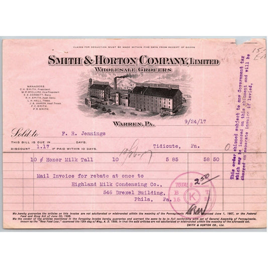 1917 Warren, PA Letterhead Smith & Horton Co Grocers w/ Vignette Honor Milk