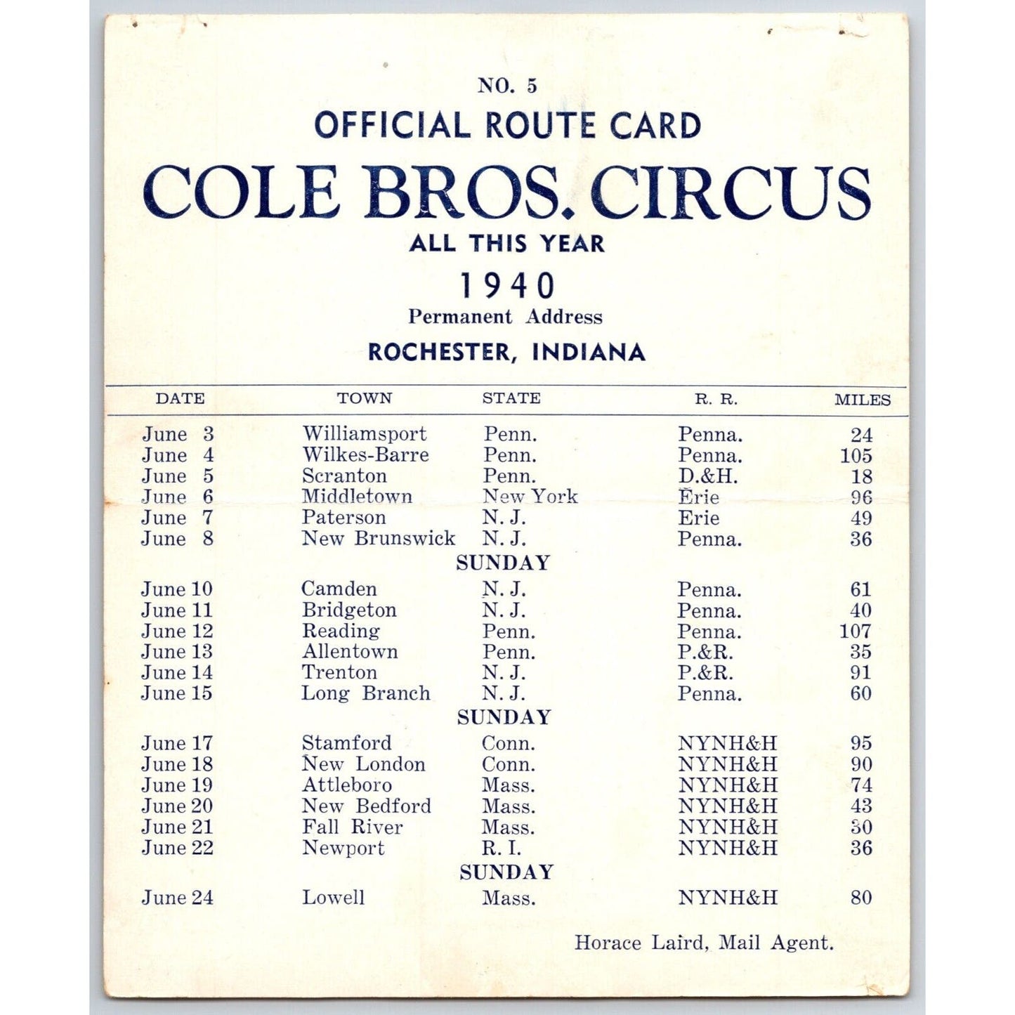 1940 Cole Bros Circus Route Card PA NY NJ CT MA RI
