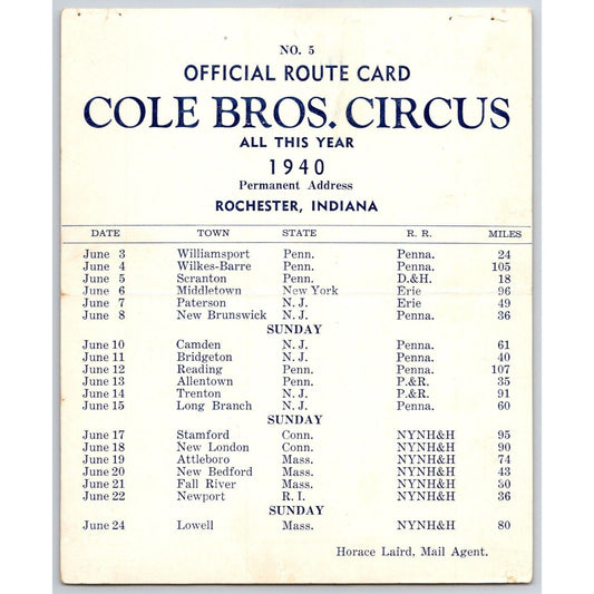 1940 Cole Bros Circus Route Card PA NY NJ CT MA RI