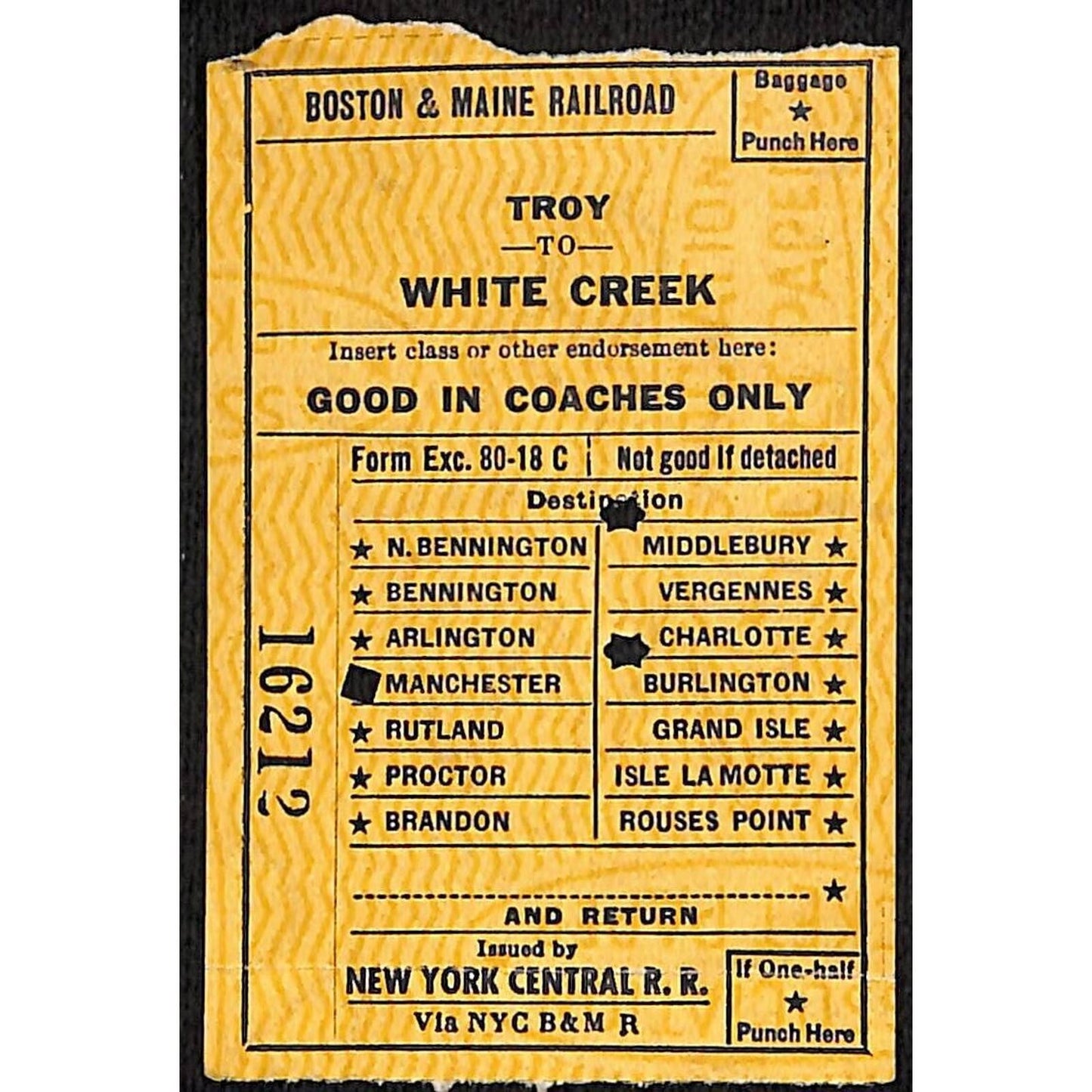1953 New York Central Railroad Ticket Troy to White Creek Newark, NJ Stamp