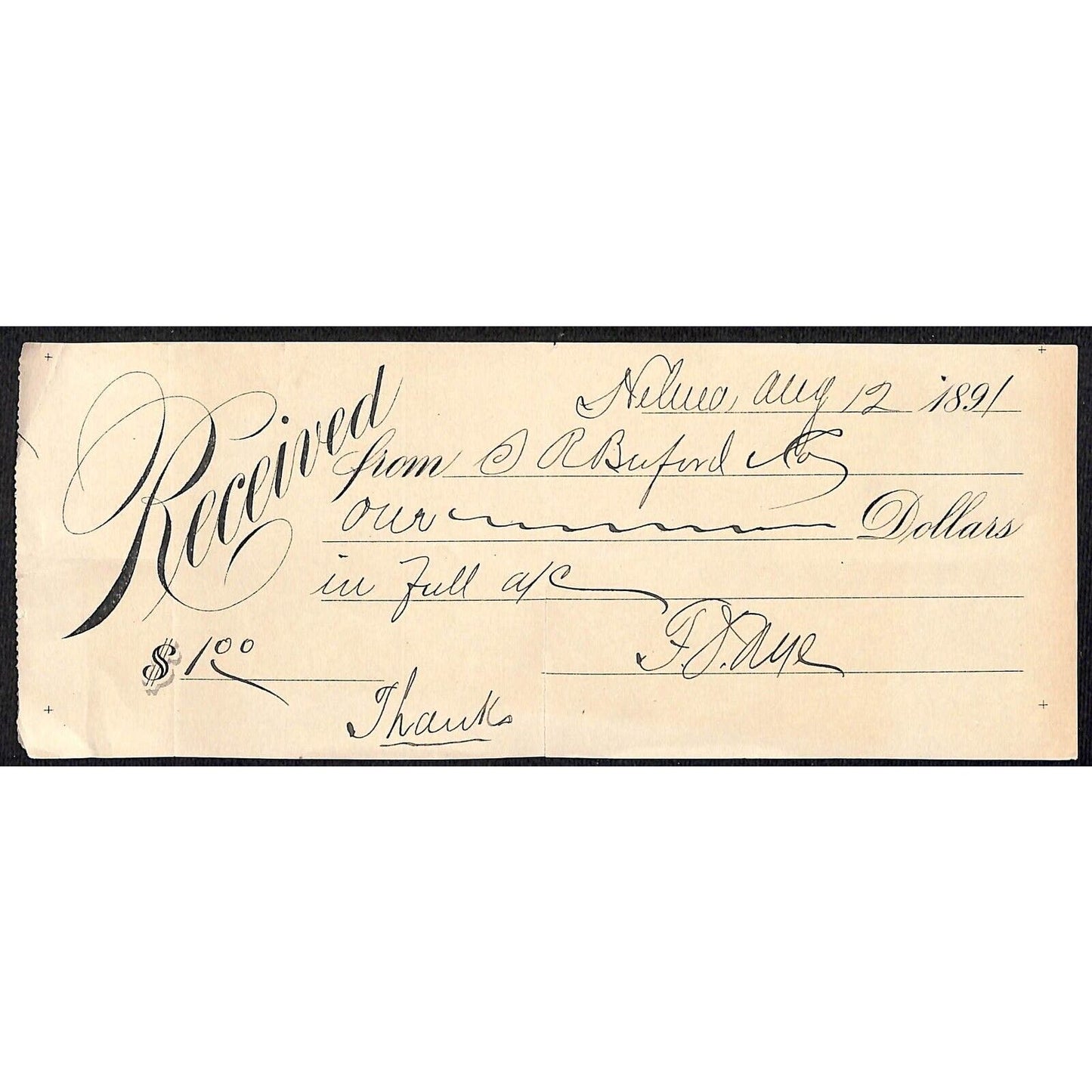 Helena Montana S.R. Buford (Mercantile) 1891 $1 Payment Receipt
