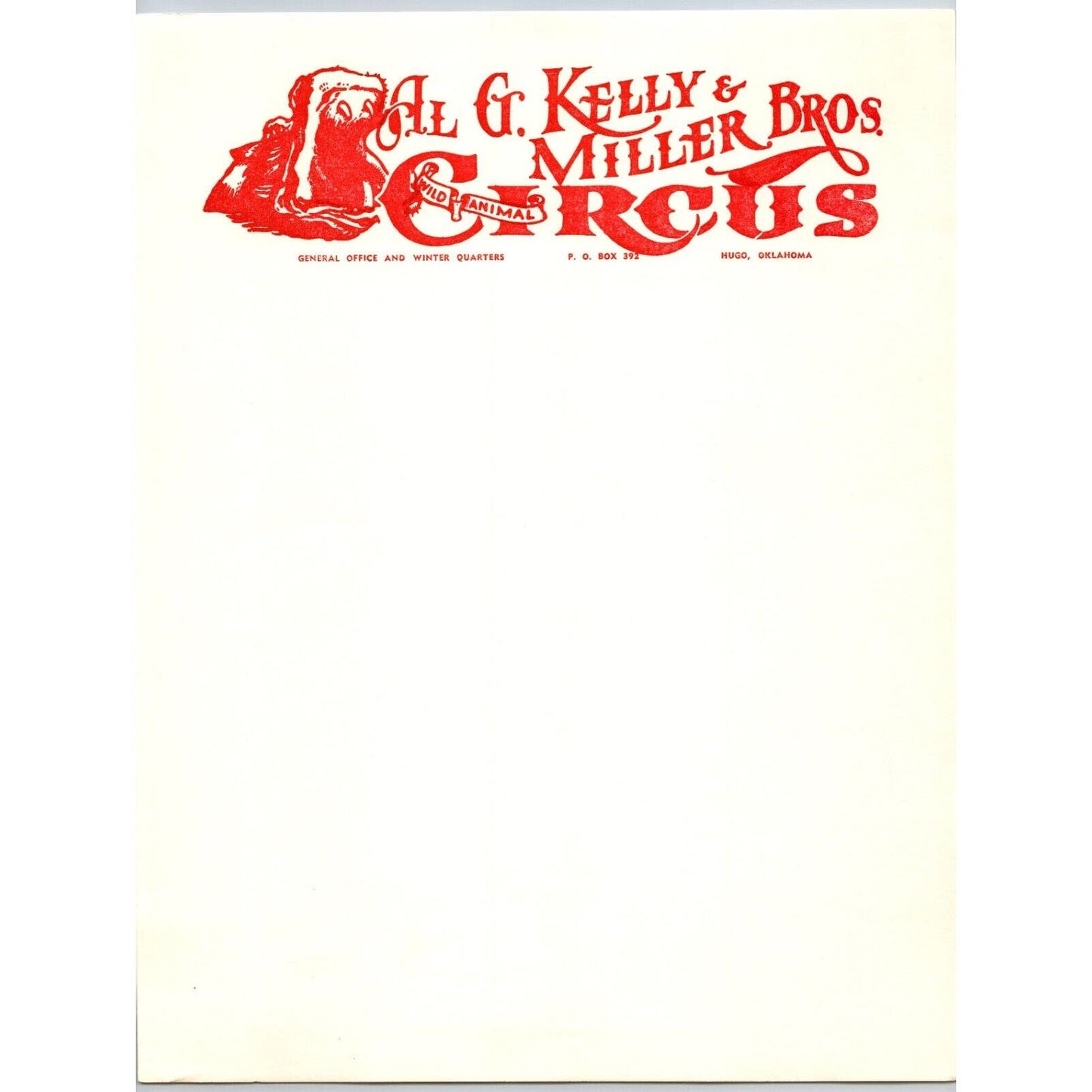 Al G. Kelly and Miller Bros Circus Letterhead Hippo Hugo, OK c1960's Scarce