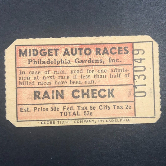 Midget Auto Racing Rain Check Ticket Doc Shanebrook 1939 Philadelphia Gardens