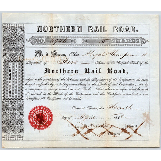 1848 Boston, MA Northern Railroad Stock Certificate No. 2956 for 5 Shares