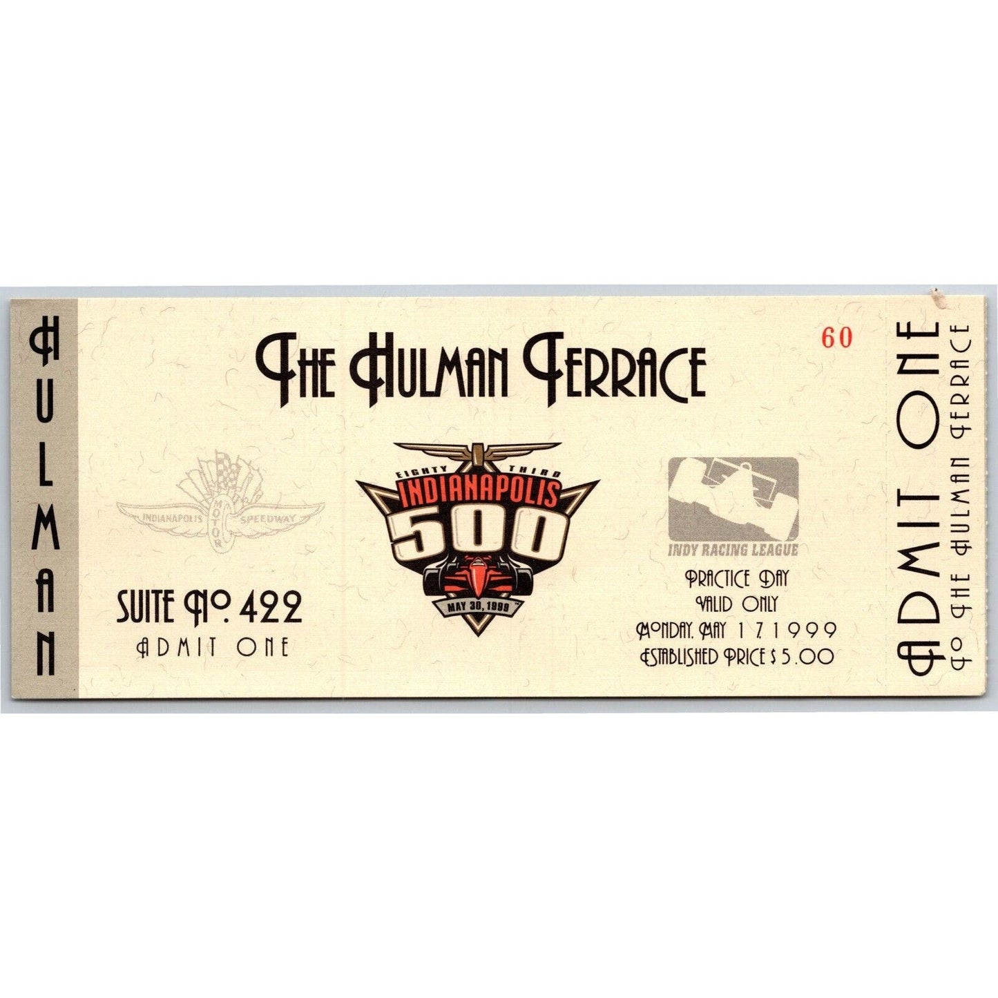 1999 Indy 500 Practice Day Hulman Terrace Unused Ticket Stub Indianapolis #60