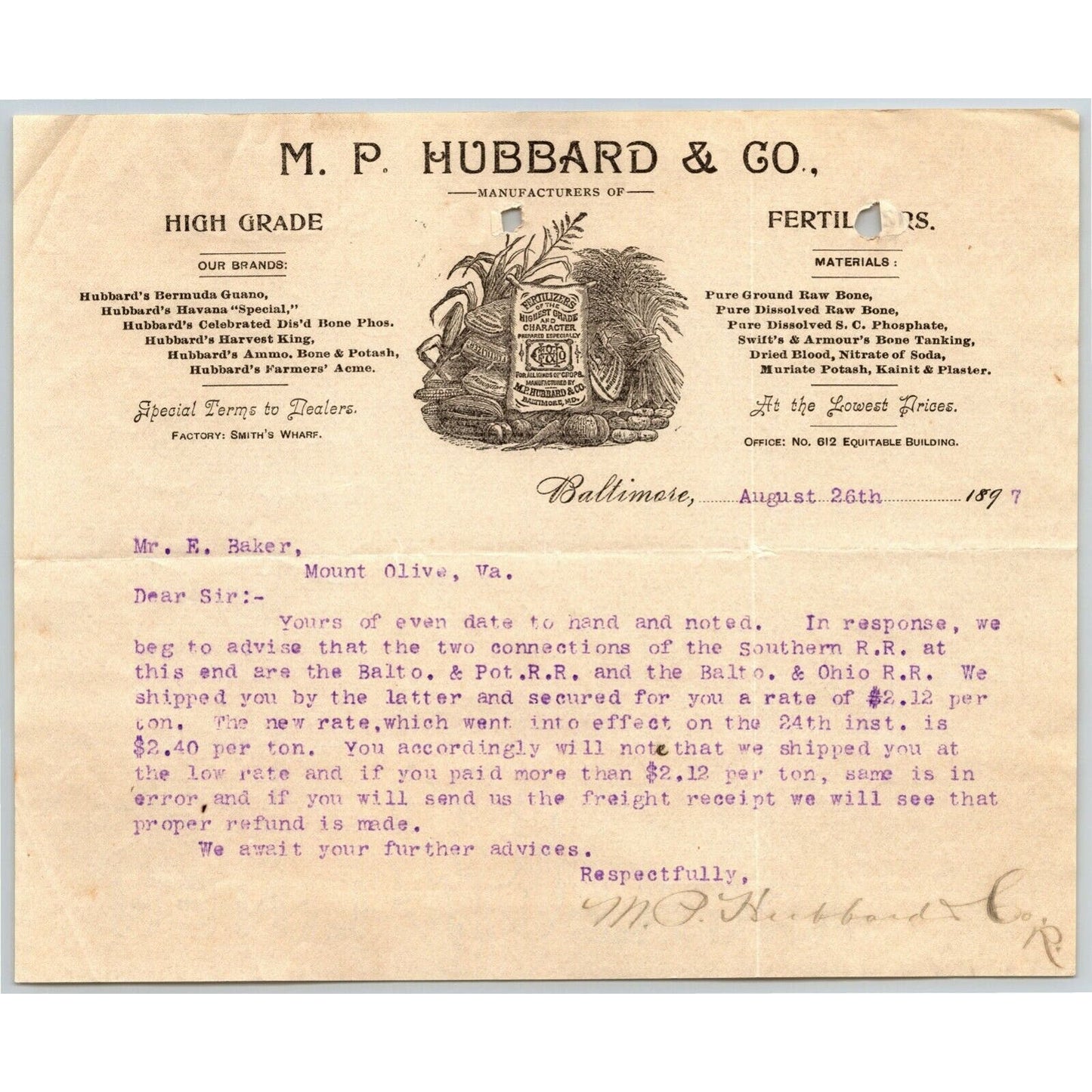 1897 Letterhead "M.P. Hubbard & Co". Fertilizers - Baltimore Ephraim Baker*