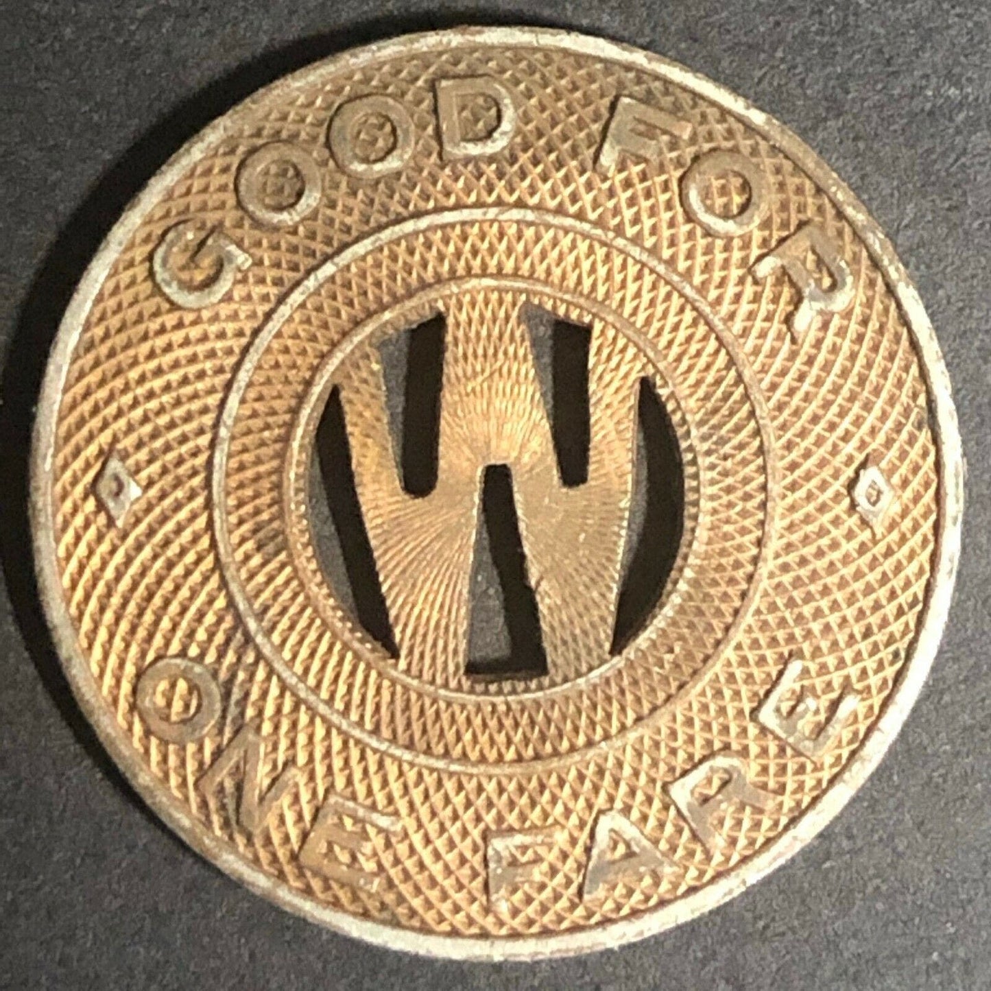 c1940's 23mm Wichita Transportation Corp. G/F One Fare Brass Transit Token