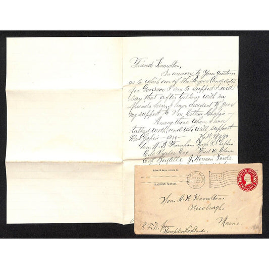 Newburg, ME Amos W. Knowlton* 1915 John M. Oak ALS re: Governor Support List VGC
