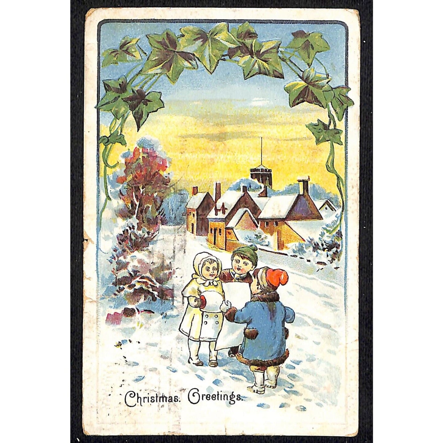 Christmas Postcard "Greetings" Kids Outdoors Winter Singing / Reading c1910