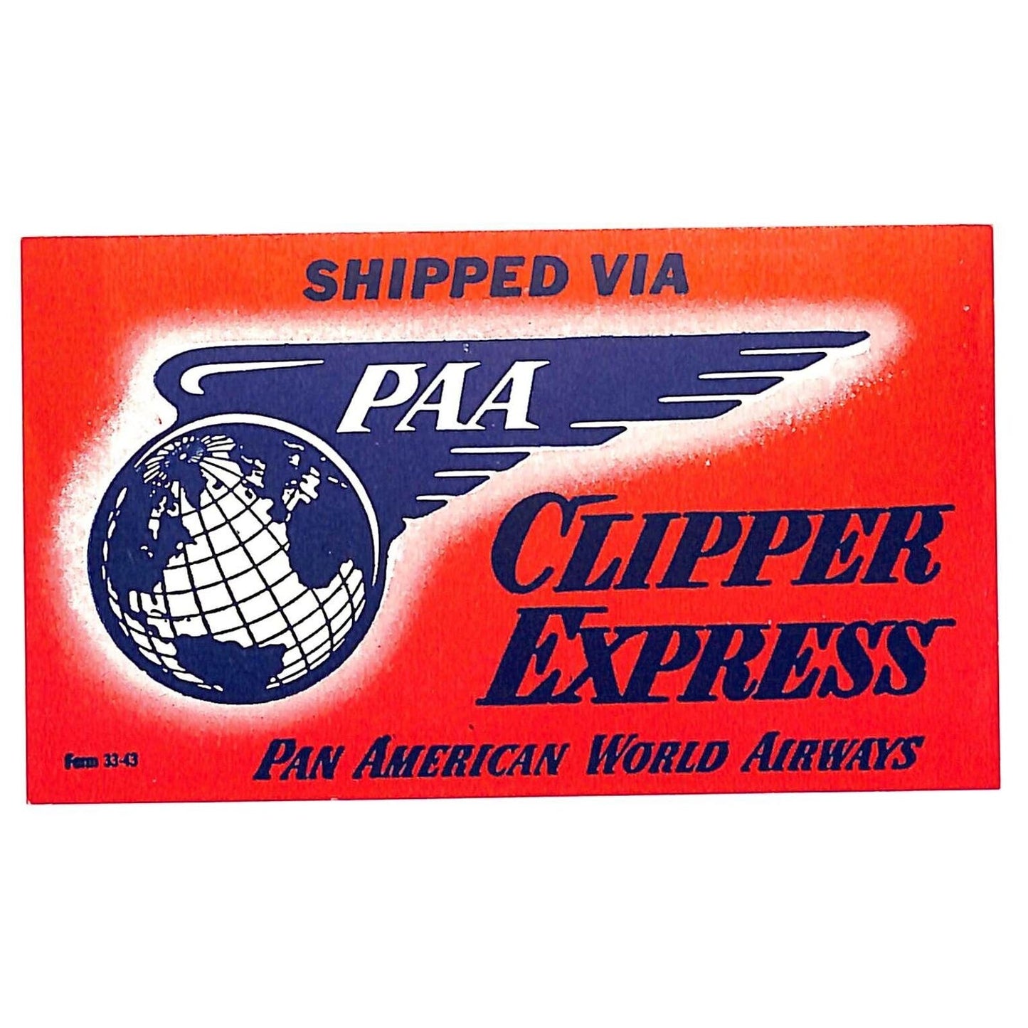 Pan American World Airways PAA Clipper Express Luggage Label w/ Globe