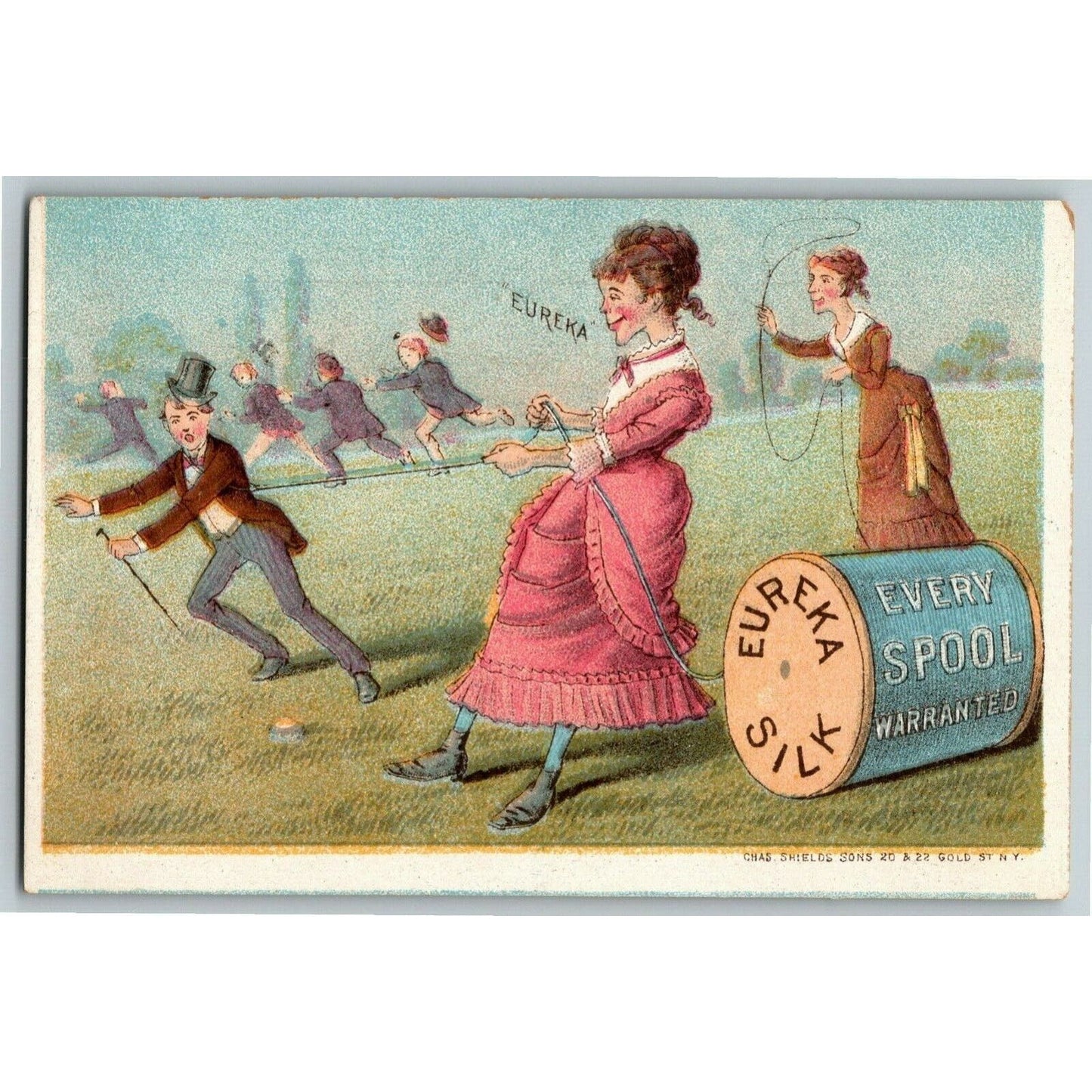 Victorian Trade Card Eureka Spool Silk - 2 Women Lassoing Men Running Away
