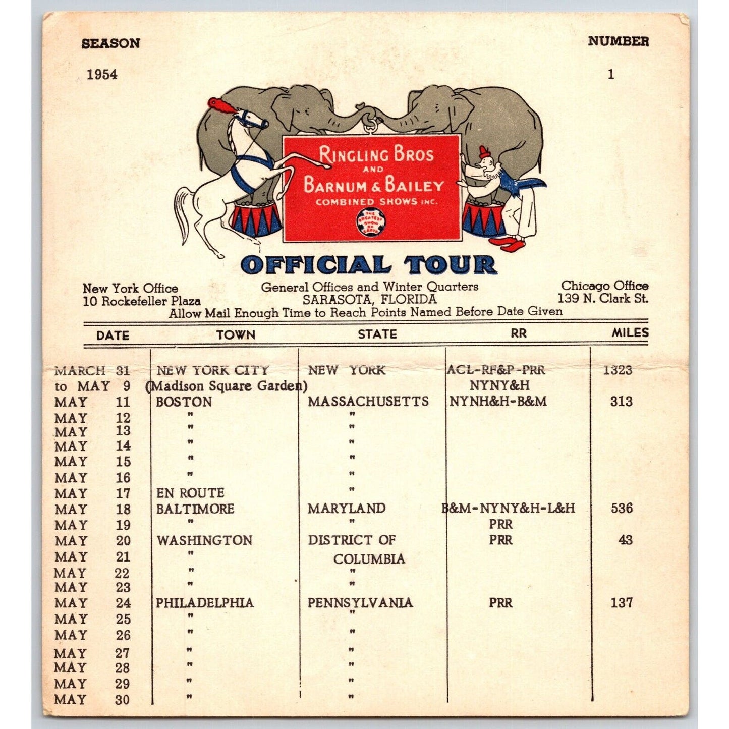 Ringling Bros. B&B Circus 1954 Route Card Madison Square Garden