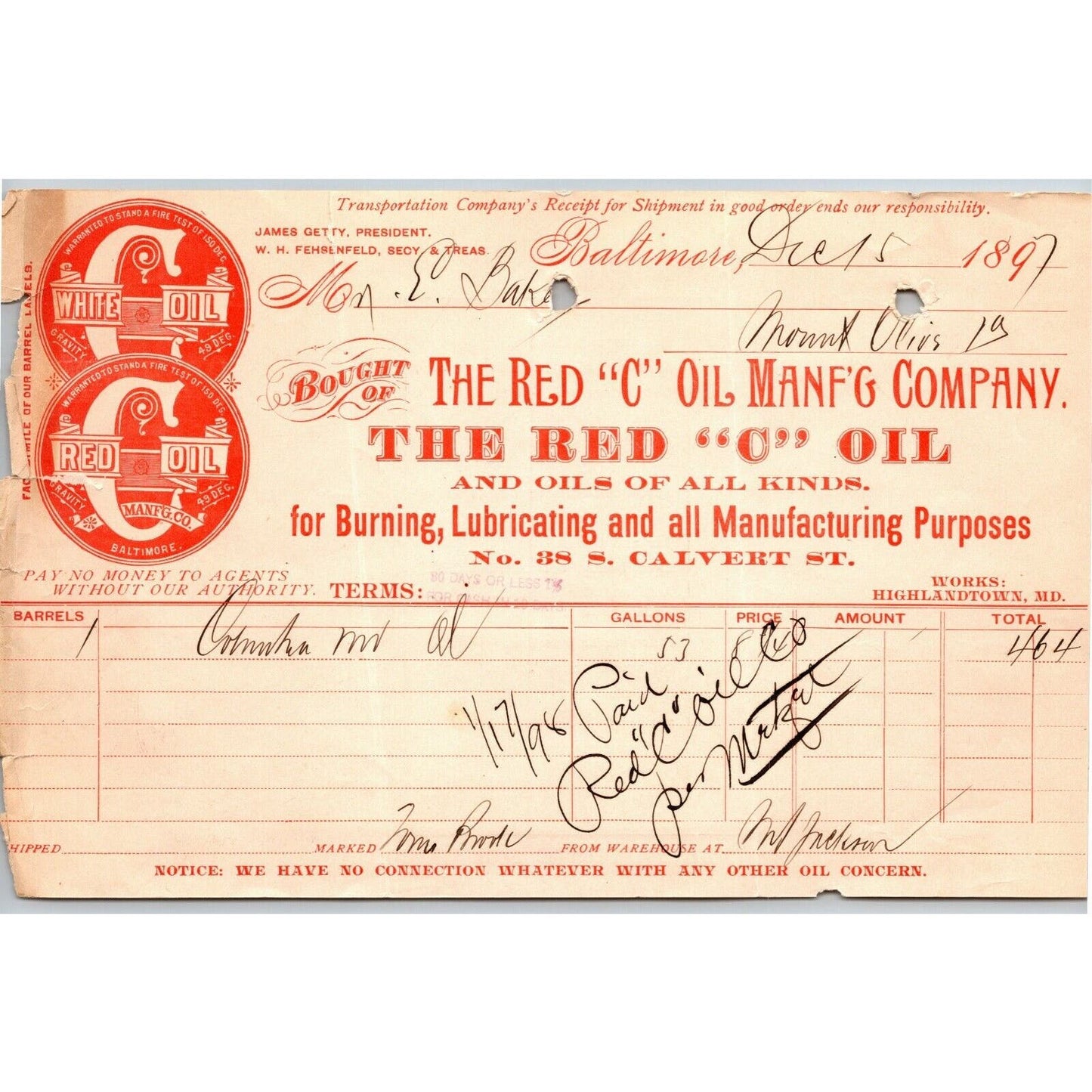 1897 Letterhead Bill Statement Red "C" Oil Mfg. Co. Baltimore - Ephraim Baker*