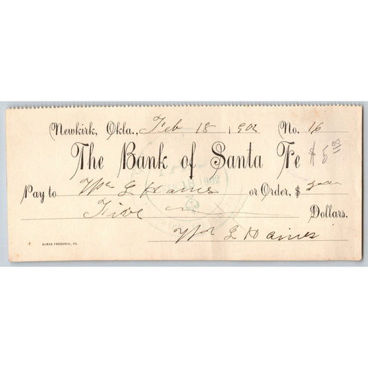Newkirk, Oklahoma Territory 1902 "Bank of Santa Fe" Check - Scarce