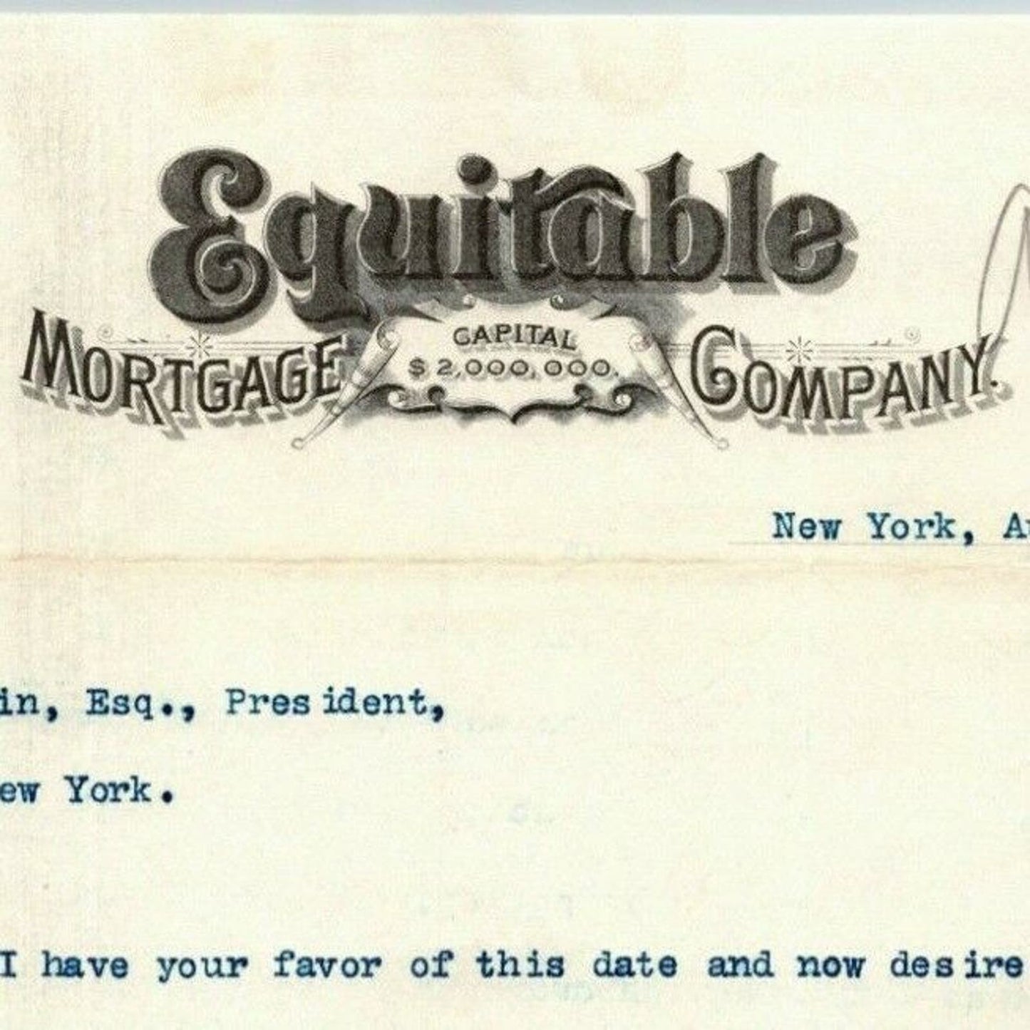 1889 Equitable Mortgage Company Letterhead 208 Broadway, NY re: Bond Exchange