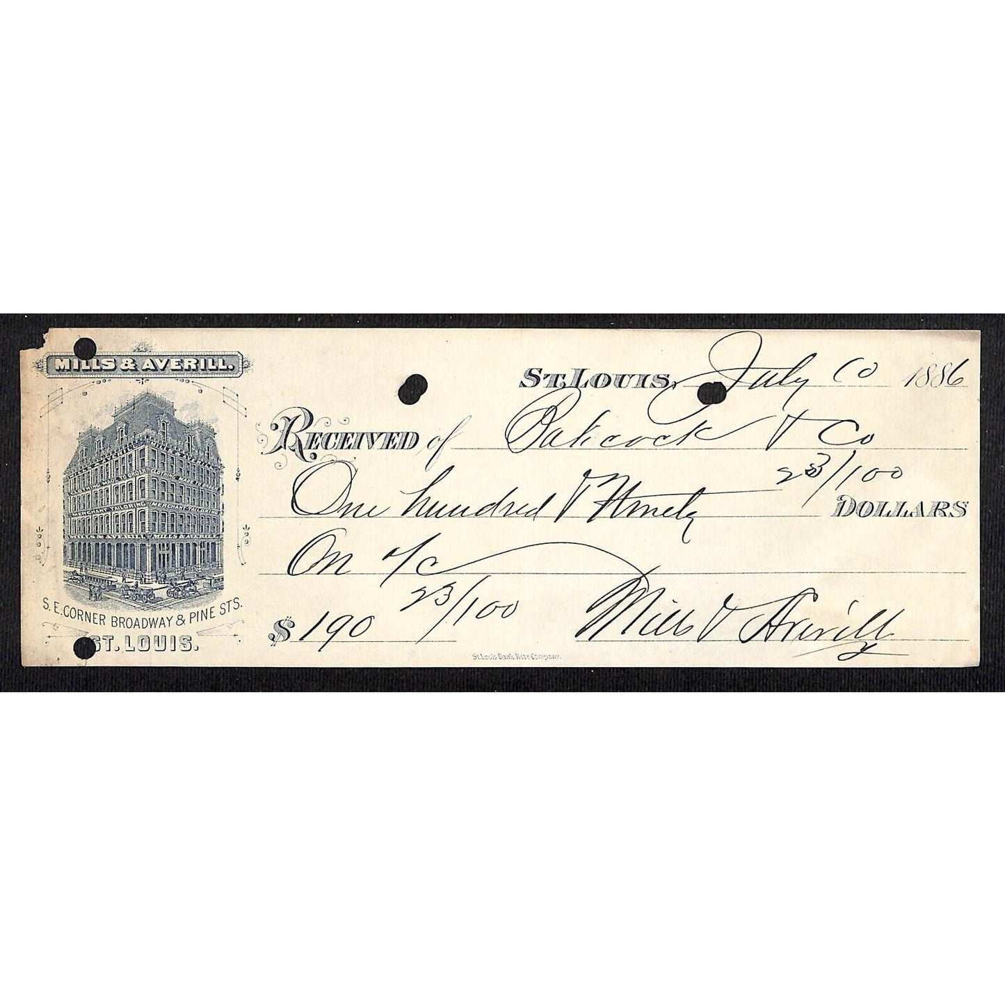 Mills & Averill St. Louis 1886 Bank Check w/ Vignette Tailors Clothing Scarce
