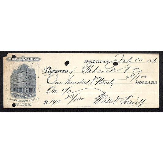 Mills & Averill St. Louis 1886 Bank Check w/ Vignette Tailors Clothing Scarce