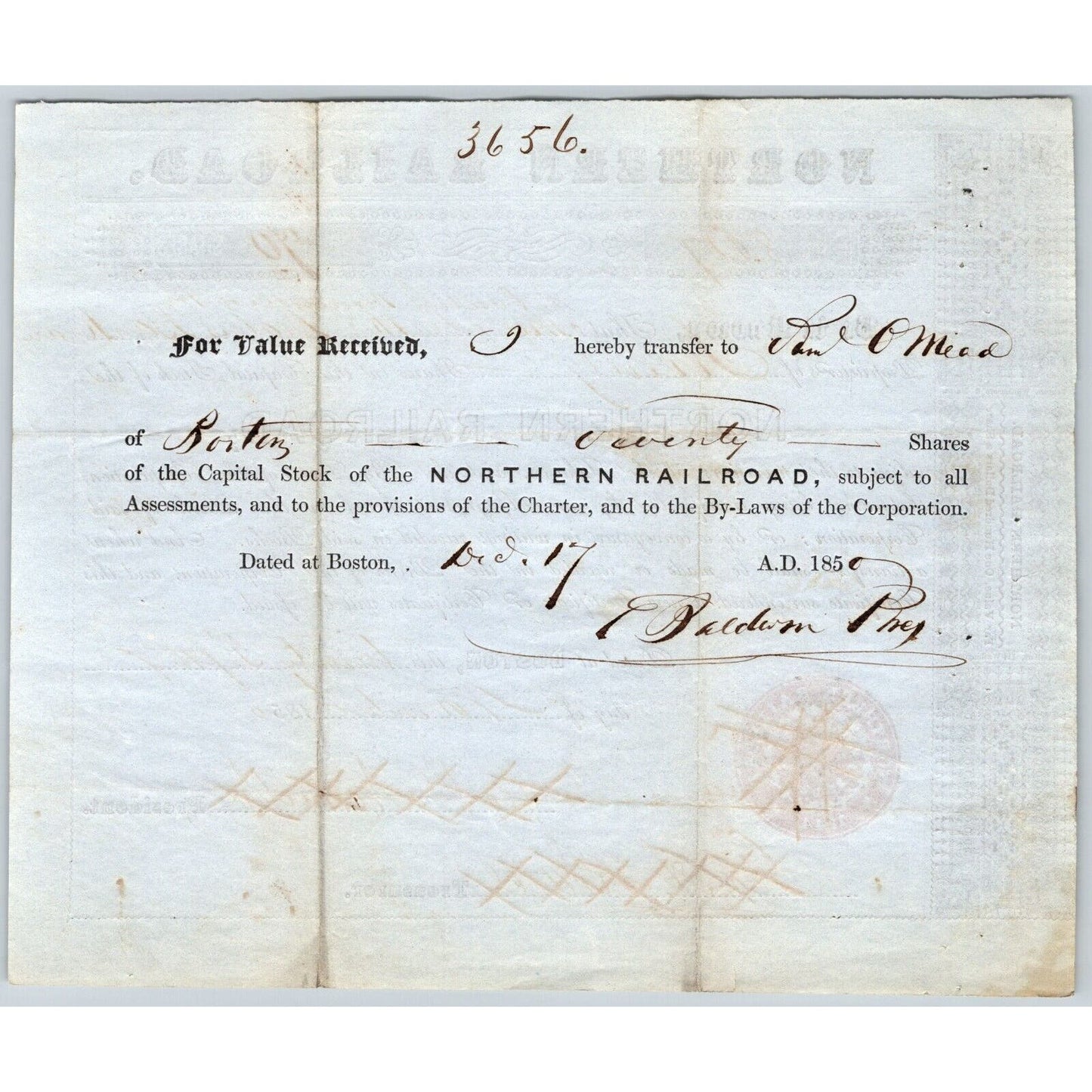 1850 Boston, MA Northern Railroad Stock Certificate No. 8017 for 70 Shares