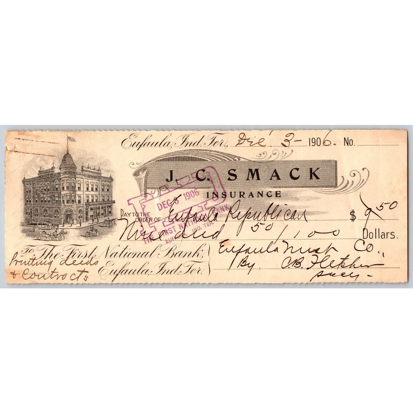 Eufaula Indian Territory Oklahoma 1906 J.C. Smack First National Bank Check