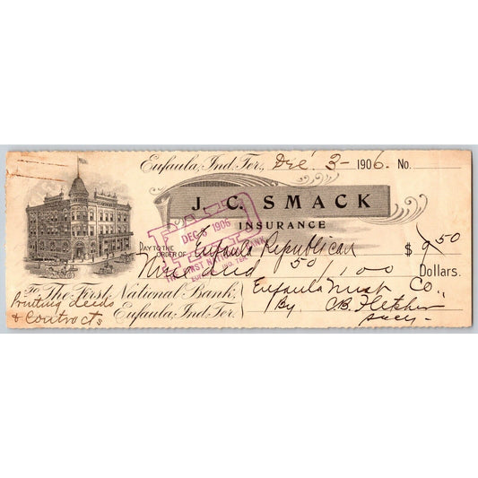 Eufaula Indian Territory Oklahoma 1906 J.C. Smack First National Bank Check