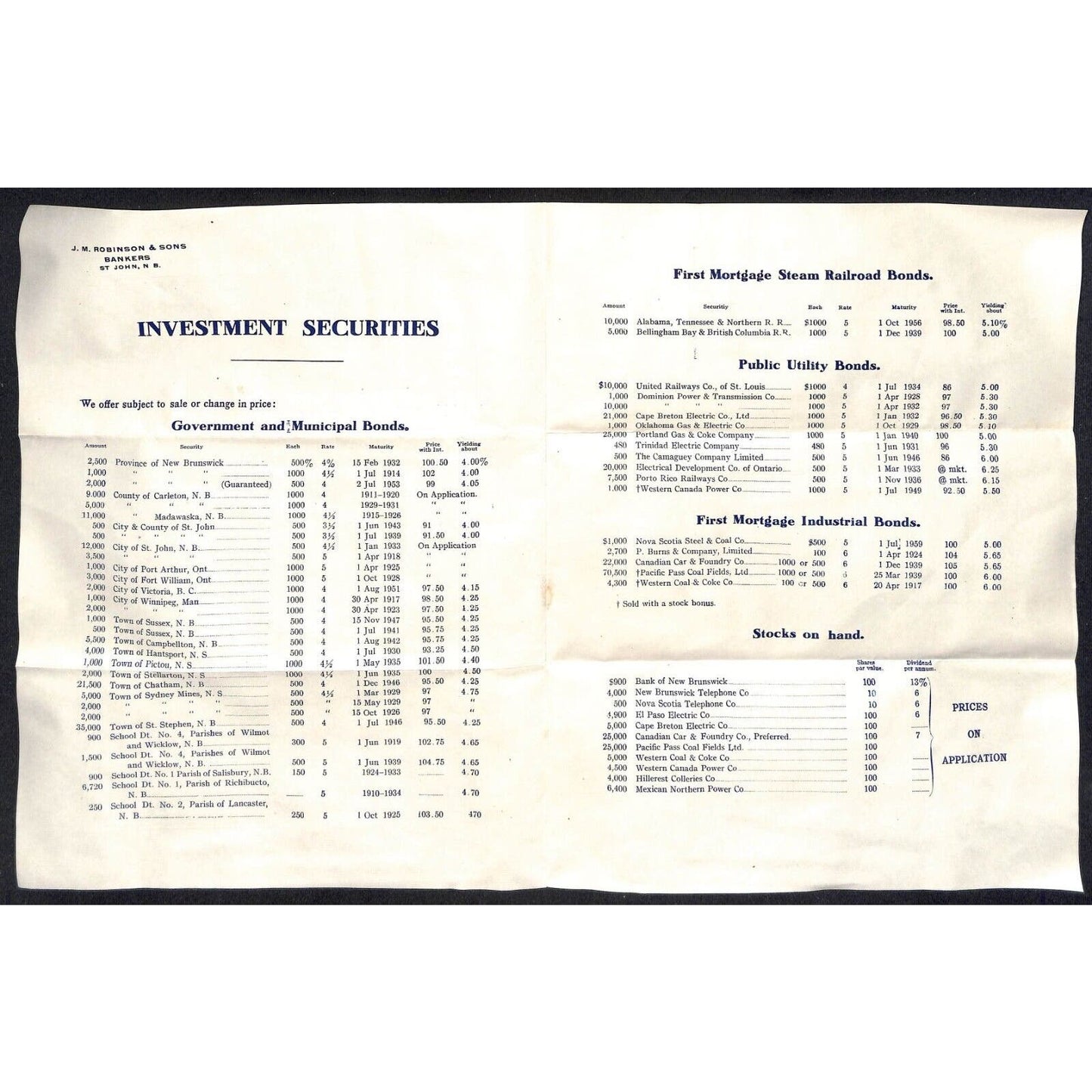 Hampden Center, ME Amos W. Knowlton* 1910 J.M. Robinson Bond Offering Sheet