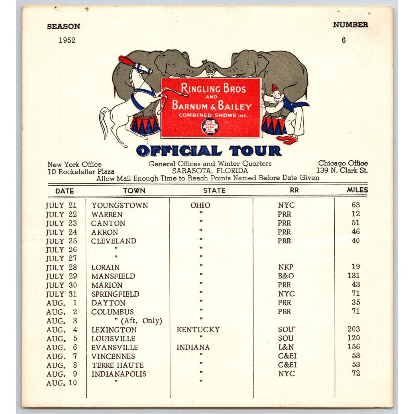 1952 Ringling Bros Barnum Bailey Circus Route Card Youngstown Akron Cleveland