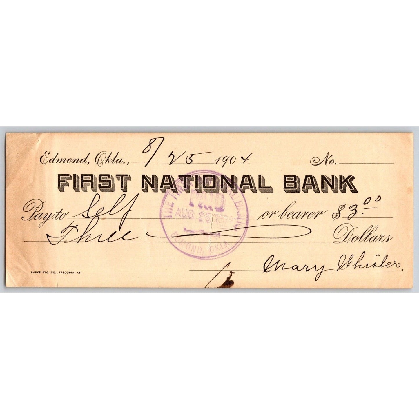 Edmond, OK 1904 Territorial Oklahoma FNB Check - Scarce