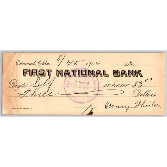 Edmond, OK 1904 Territorial Oklahoma FNB Check - Scarce