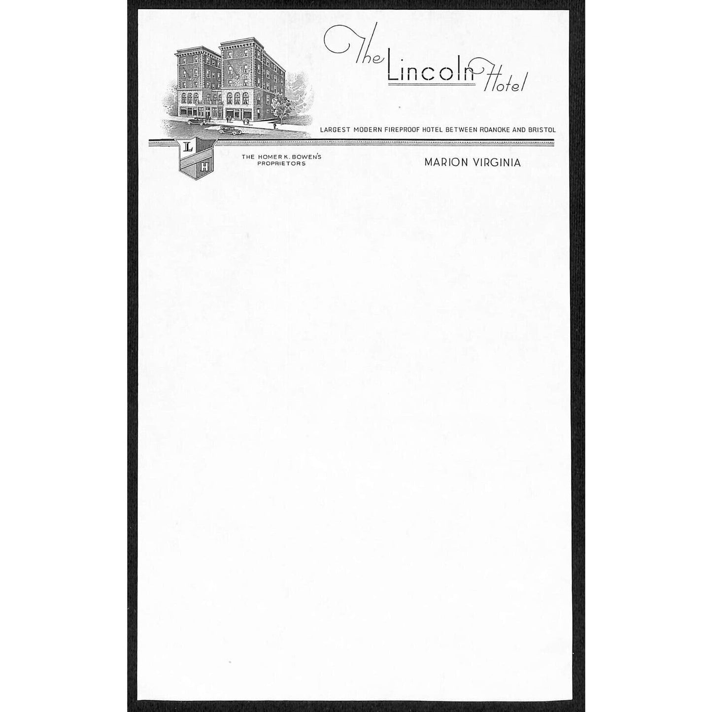 The Lincoln Hotel Marion, Virginia Stationary Single Sheet NOS c1930's