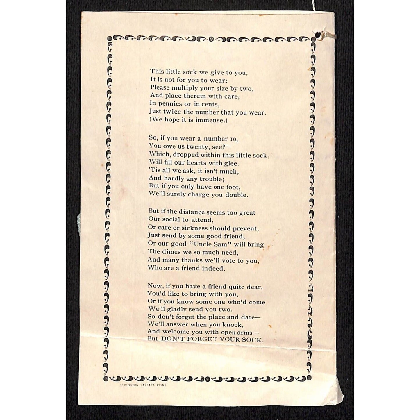Kerr's Creek, VA Dr. Tucker 1903 "Sock Social" "Admission by Sock Only"