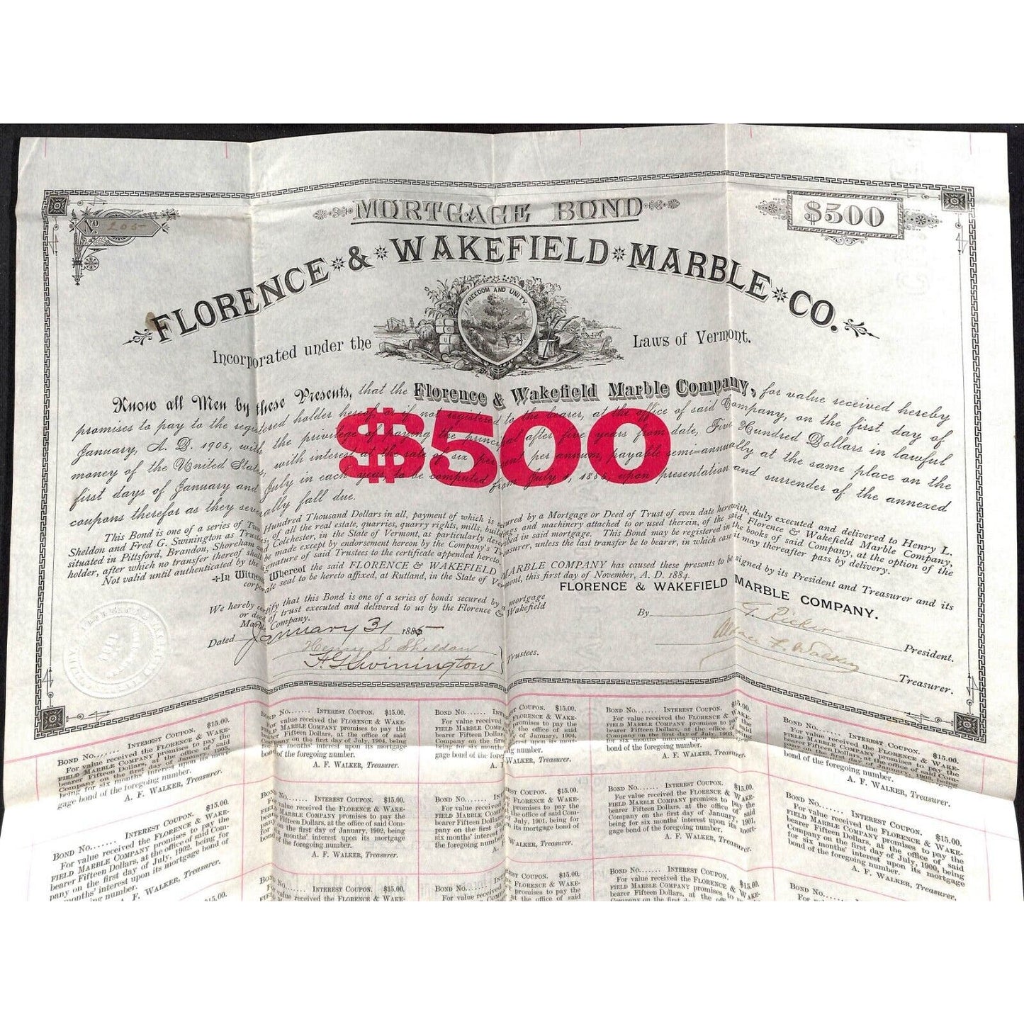 Florence & Wakefield Marble Co. Vermont 1885 $500 Mortgage Bond Certificate
