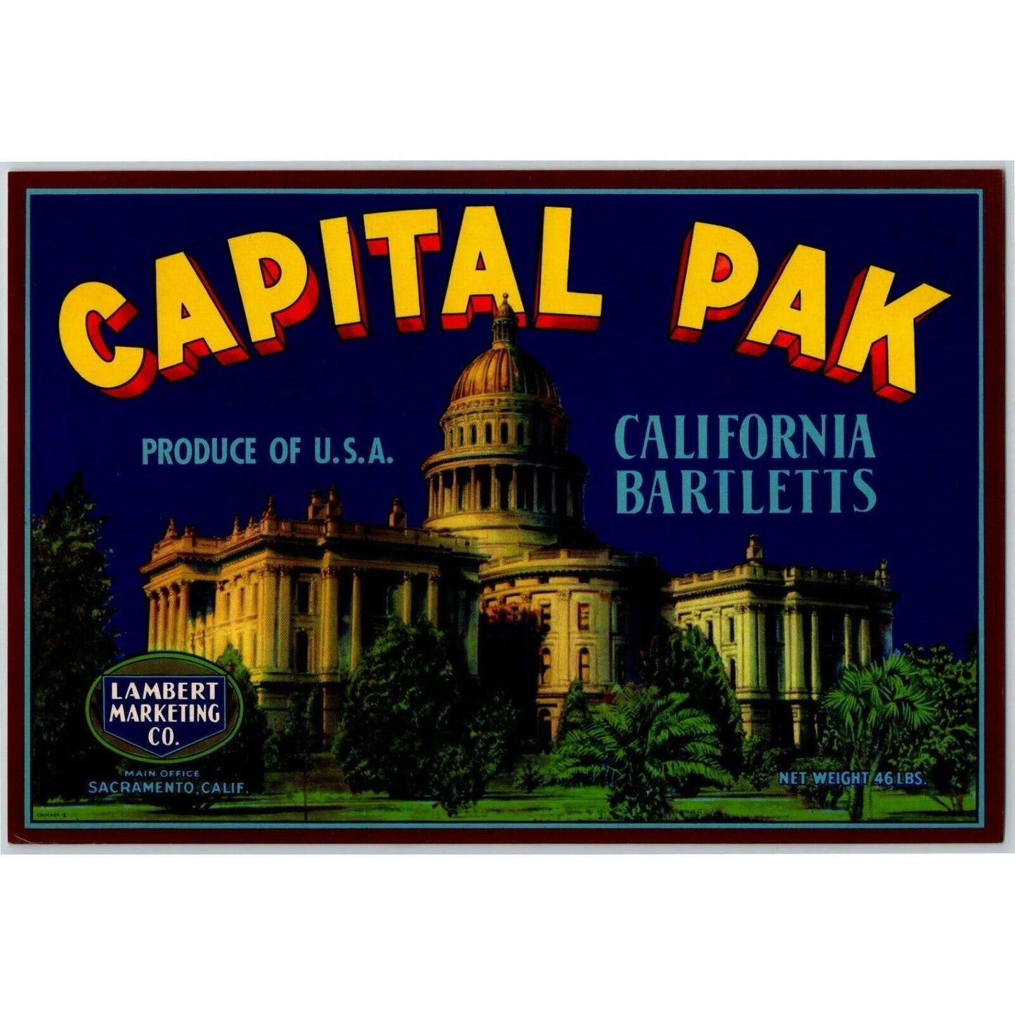 Capital Pak Bartletts Vintage Original Paper Fruit Crate Label Sacramento, CA