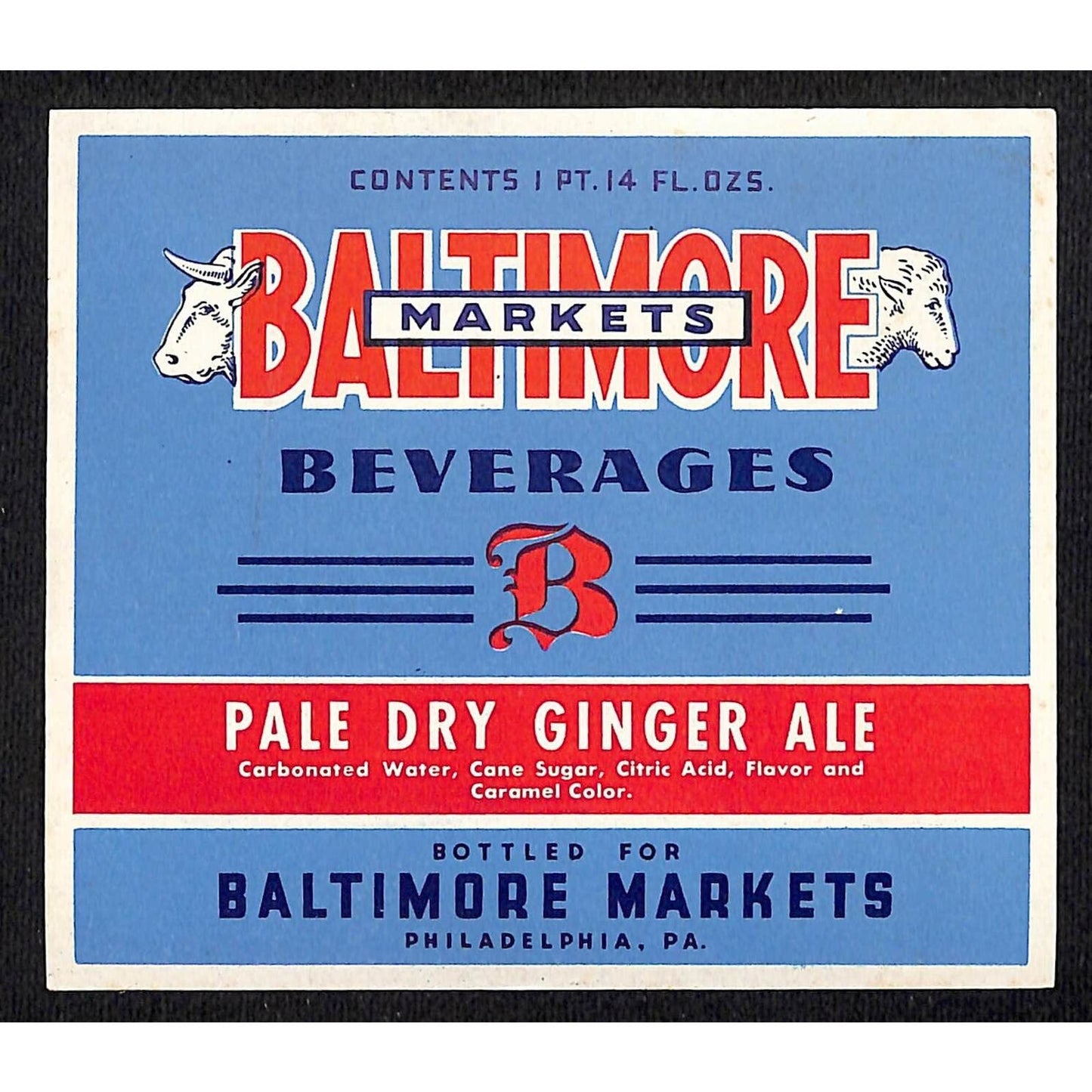 Baltimore Markets Ginger Pale Dry Ale Paper Soda Label c1940's-50's VGC