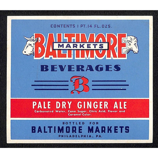 Baltimore Markets Ginger Pale Dry Ale Paper Soda Label c1940's-50's VGC