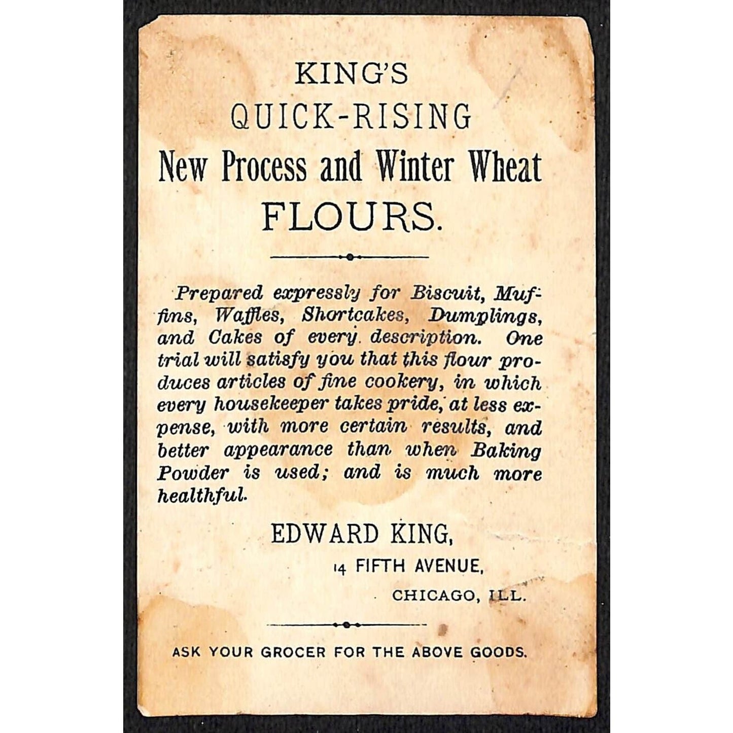 King's Quick Rising Flours Victorian Trade Card Chef Dough Rises Over Pot