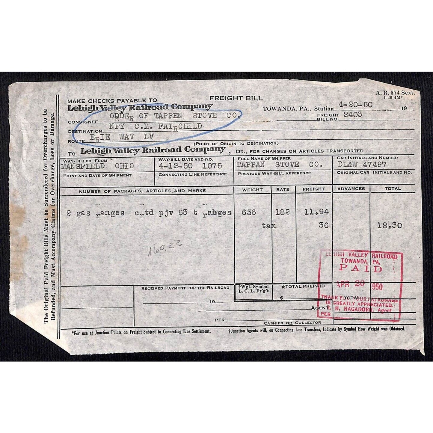Lehigh Valley Railroad 1950 Freight Bill for 2 Gas Ranges #2403