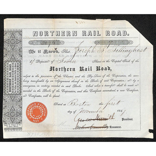 1847 Boston MA Northern Railroad Stock Certificate No. 2074 for 7 Shares