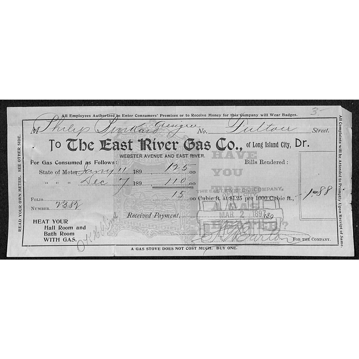 The East River Gas Co. 1897 Payment Receipt w/ Copious Text on Reverse / NY