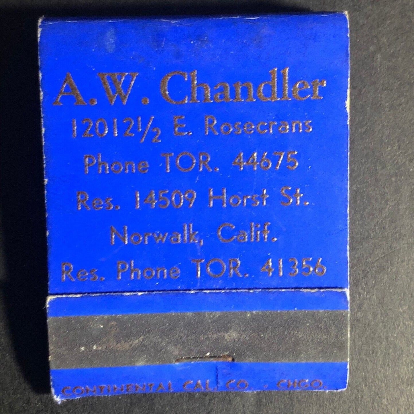 A.W. Chandler Norwalk CA State Farm Ins Matchbook c1940's Full 20-Strike VGC