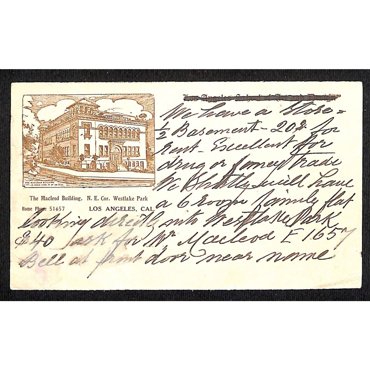 Macleod Building West Lake Park Los Angeles 1907 Postcard re: Half Basement Rent