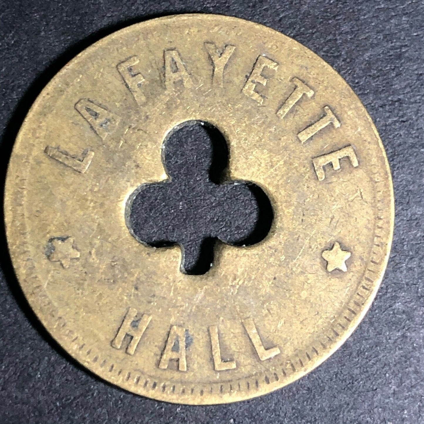 24.5mm Brass Lafayette Hall (Saloon Sacramento, CA) Token Clover Shamrock (#4)