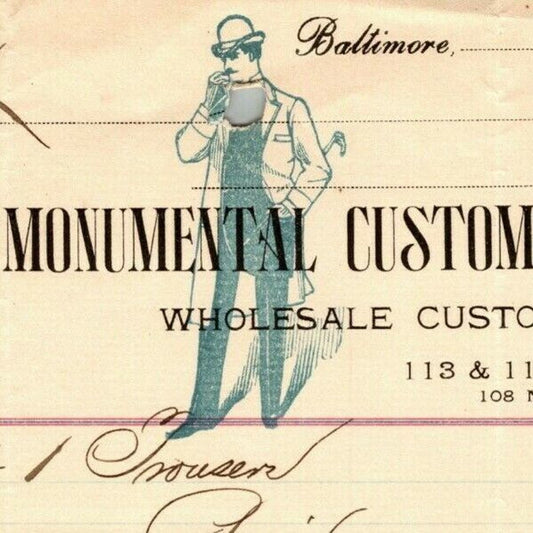 1900 Letterhead Billhead "Monumental Custom Tailors" Baltimore Ephraim Baker*