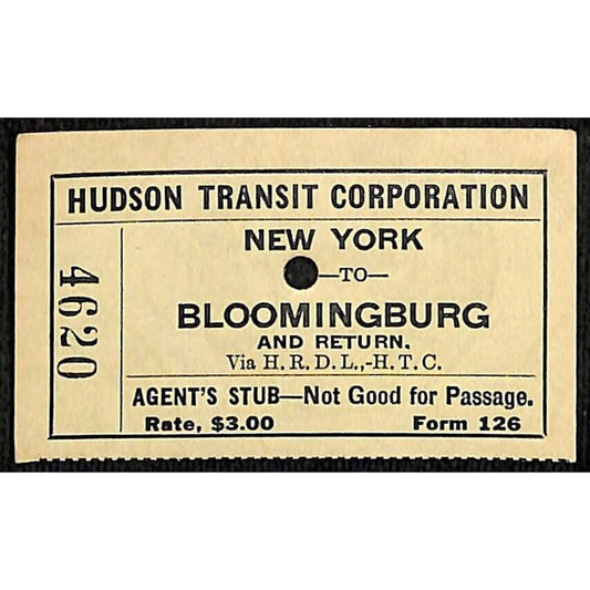 Hudson Transit Corporation Railroad Ticket New York to Bloomingburg #4620
