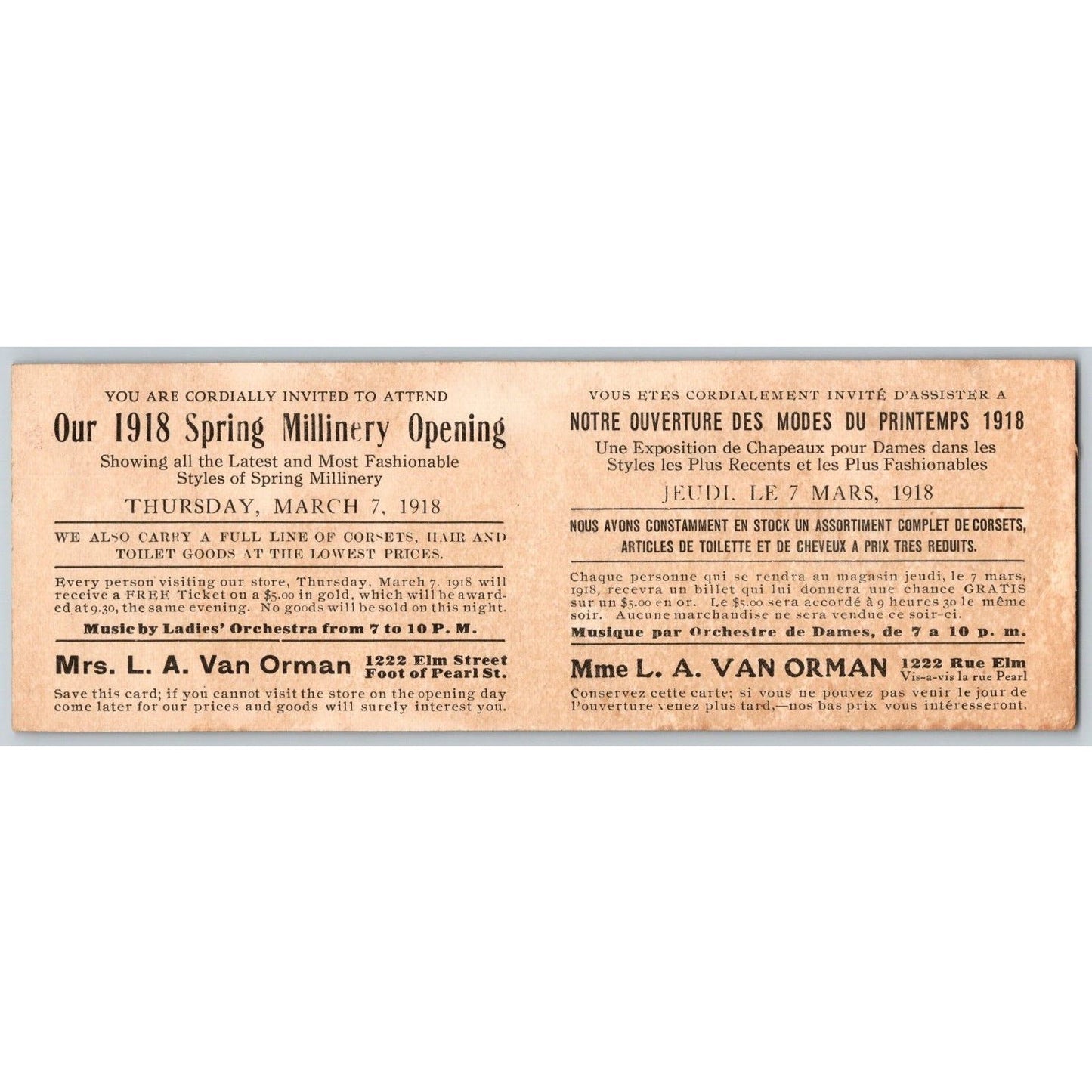 Mrs. L.A. Van Orman 1918 Spring Millinery Opening French English Trade Card VGC
